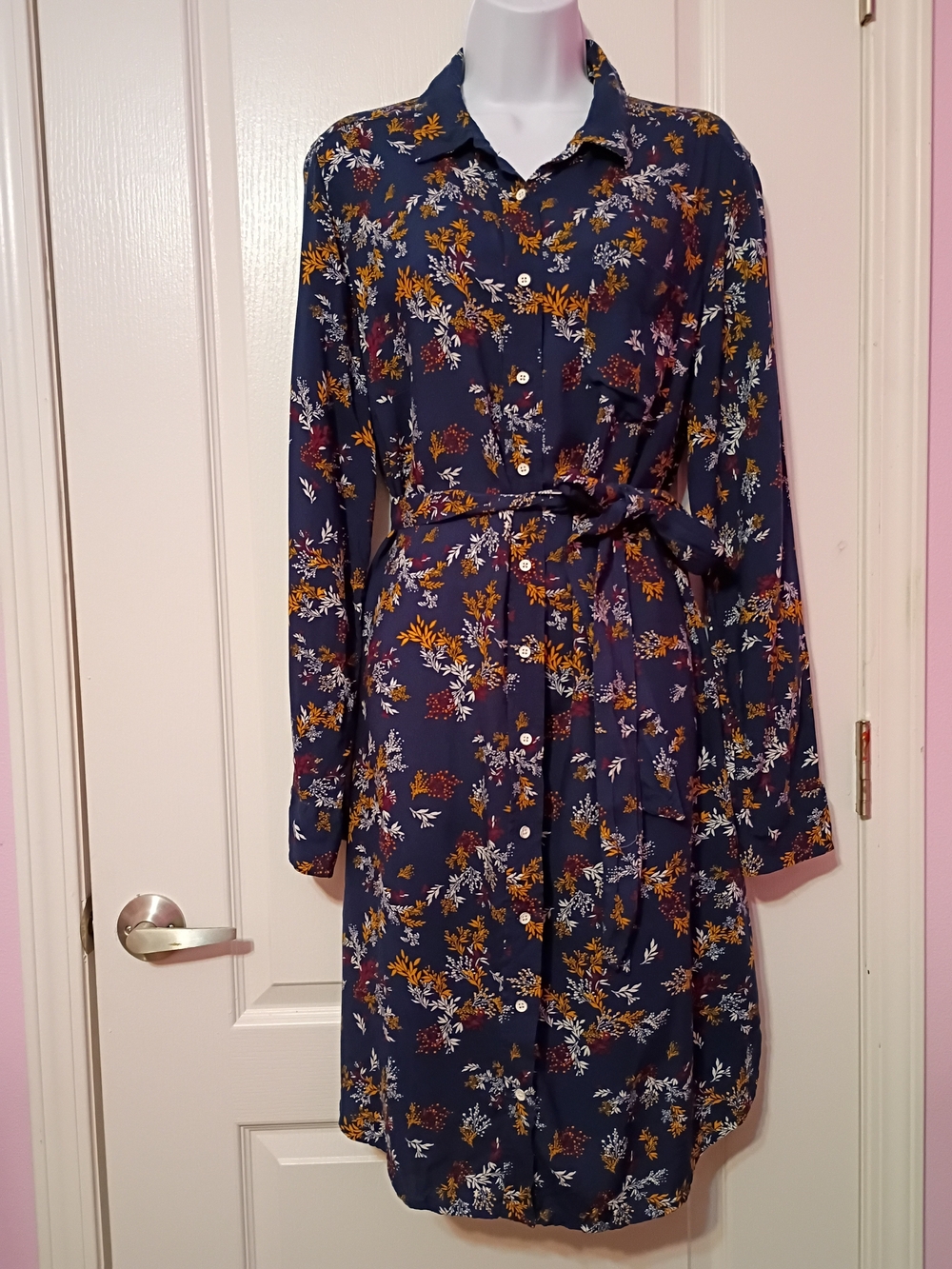 Navy Floral Button-Front Long Sleeve Shirt Dress